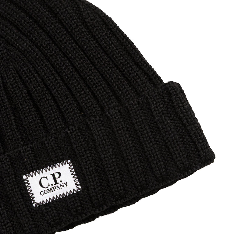 C.P. Company Extra Fine Merino Wool Knit Logo Beanie (Black)