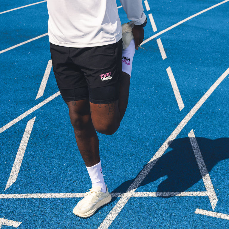 Bad Habits Running Shorts (Black) onfeet