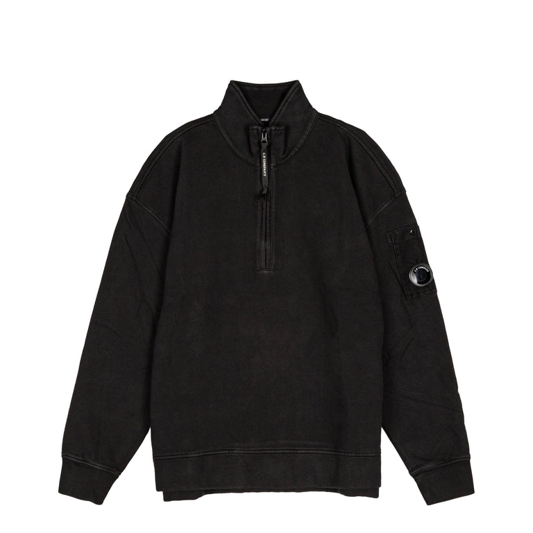 C.P. Company Brushed and Emerized Diagonal Fleece Mixed Boxy Half Zip Lens Sweatshirt - L / Black - 1