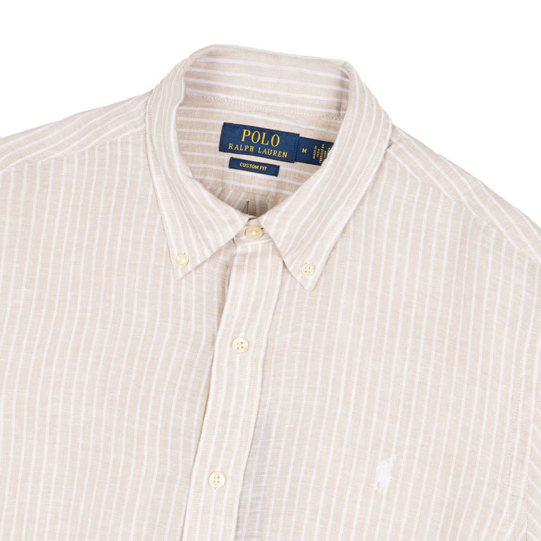 Polo Ralph Lauren Custom Fit Striped Linen Shirt - L / Coastal Beige White - 2
