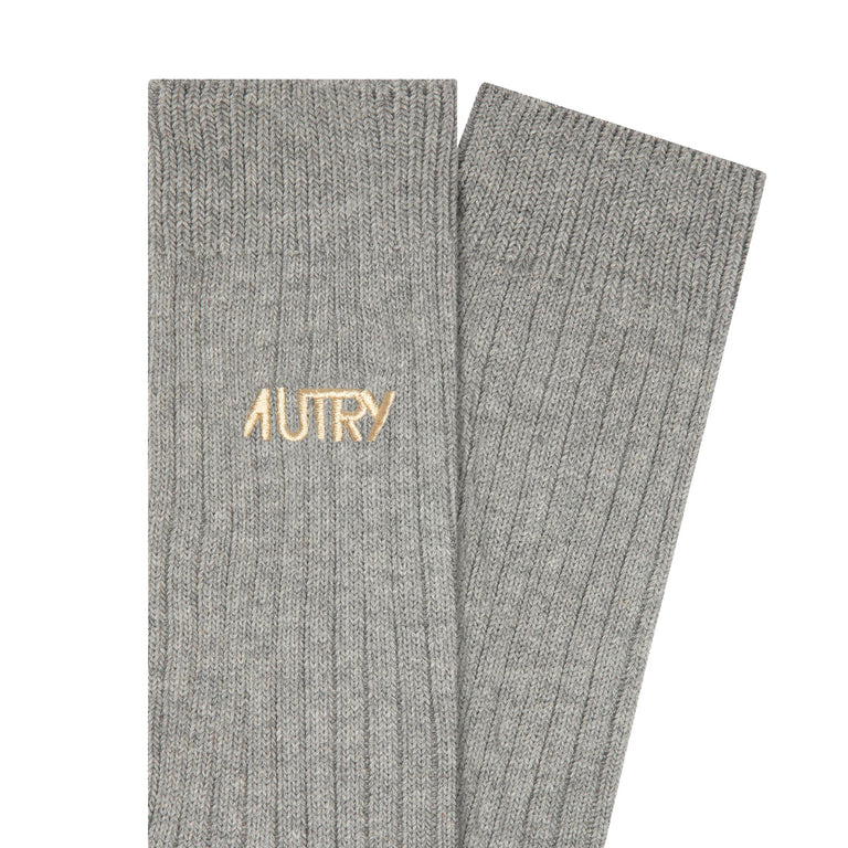 Autry Ribbed Embroidered Logo Socks - M / Dark Grey Melange - 2