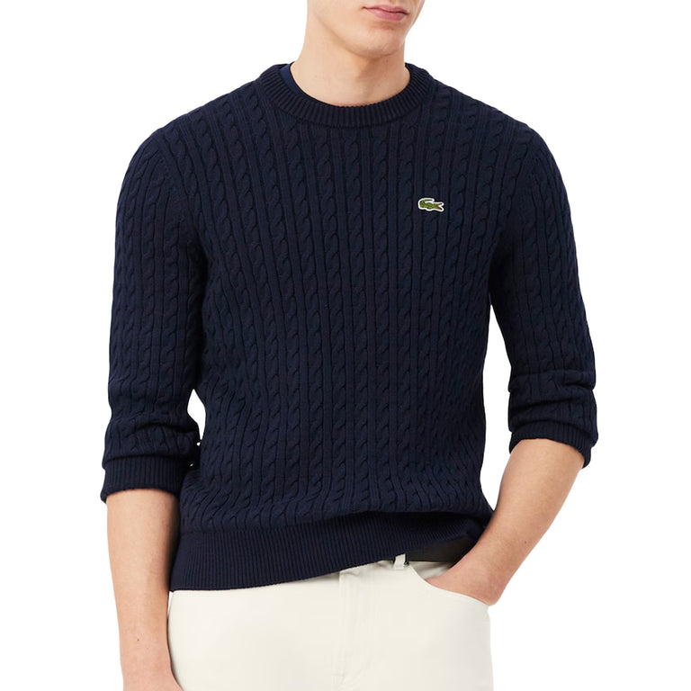 Lacoste Cable Knit Cotton Sweater - L / Navy Blue / Green - 2