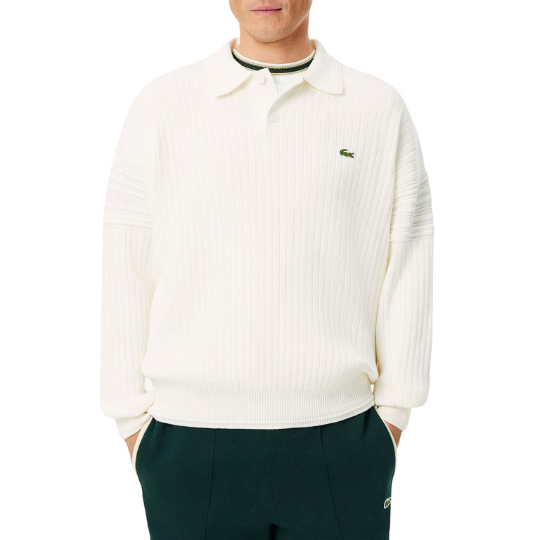 Lacoste French Made Cotton Polo Collar Sweater - L / White - 4