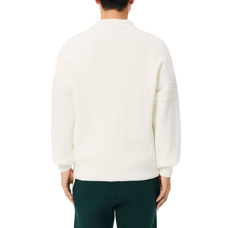 Lacoste French Made Cotton Polo Collar Sweater - L / White - 5