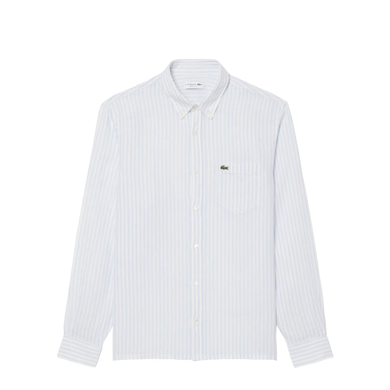 Lacoste Regular Fit Striped Linen Shirt - 39 / Bleu Clair / Blanc

