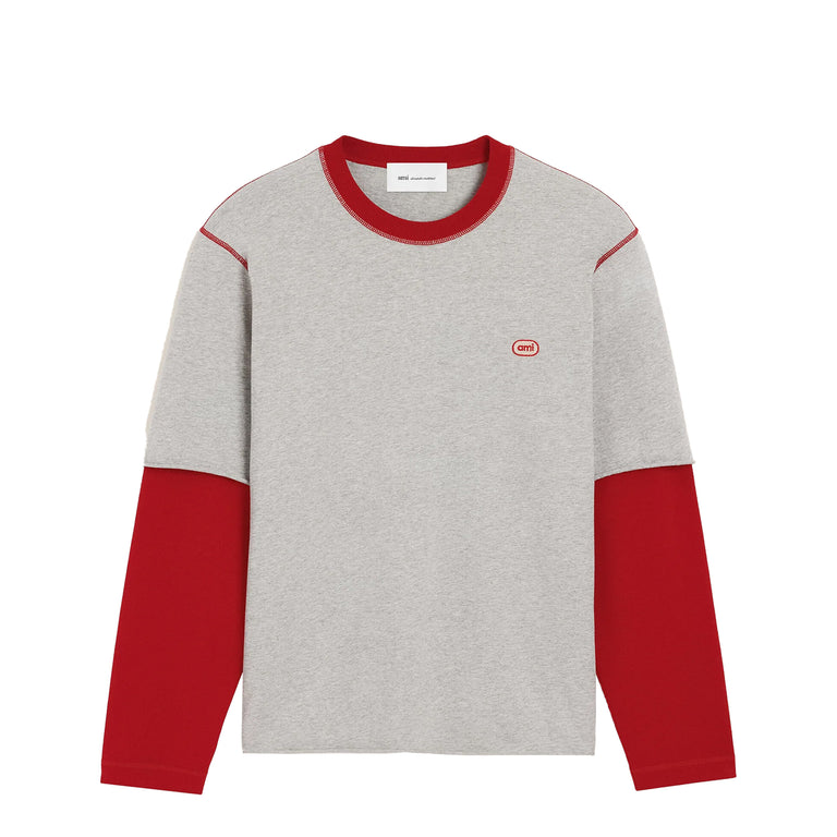 AMI Paris Double Sleeves Longsleeve - XL / Gris Cendre Chine / Rouge - 1