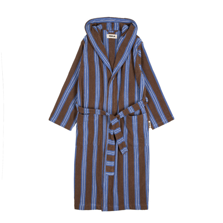 Tekla Hooded Bathrobe - L / Chestnut Stripes
