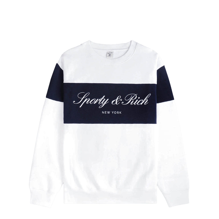 Sporty & Rich Signature Logo Block Crewneck - L / White / Dark Navy White
