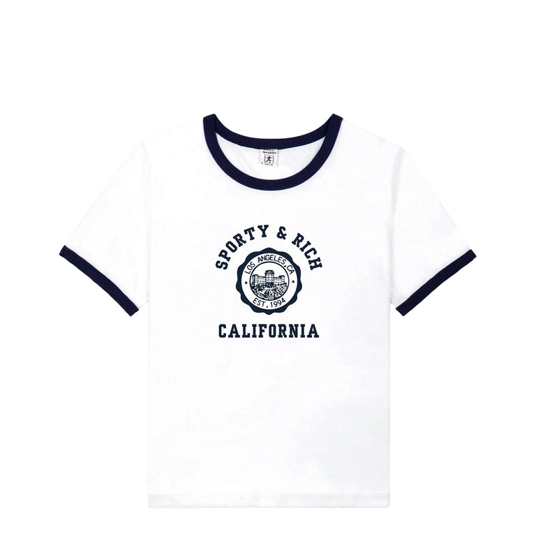 Sporty & Rich California Emblem Soft Ringer Tee - L / White / Dark Navy Dark Navy
