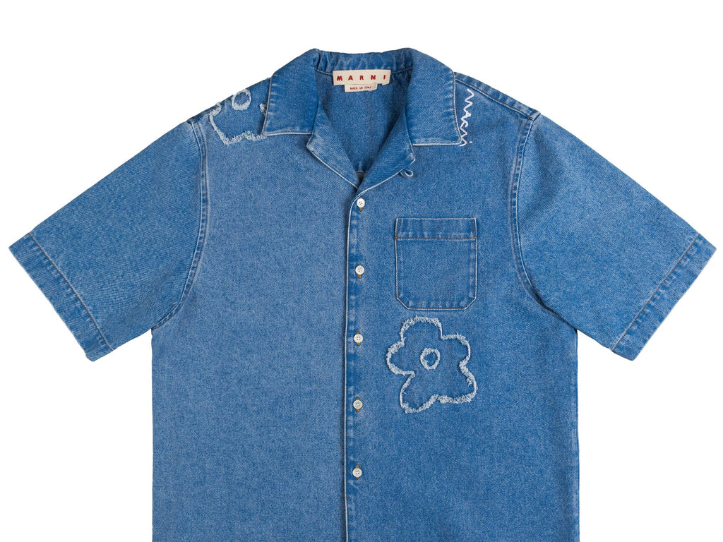 MARNI（マルニ）CONTRAST COLLAR BOWLING SHIRTS Deep blue tropical wool bowling shirt with Marni Mending | Marni